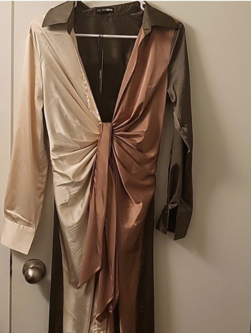 Fashion Nova Satin Twist-Front Colorblock Dress  Mocha Combo